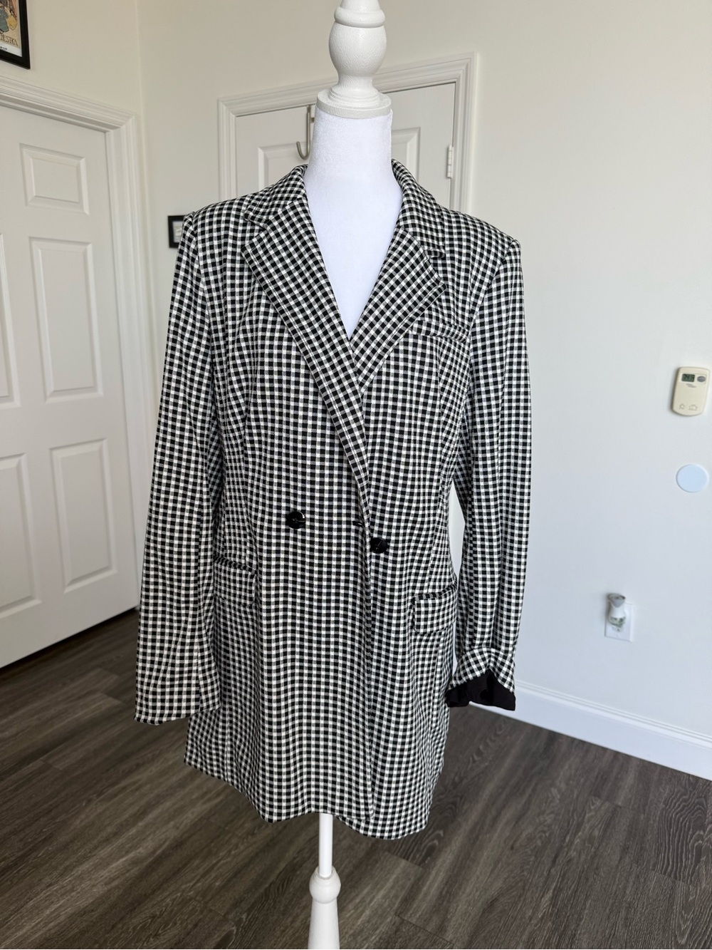 Anthropologie Black and White Houndstooth Double-Breasted Blazer